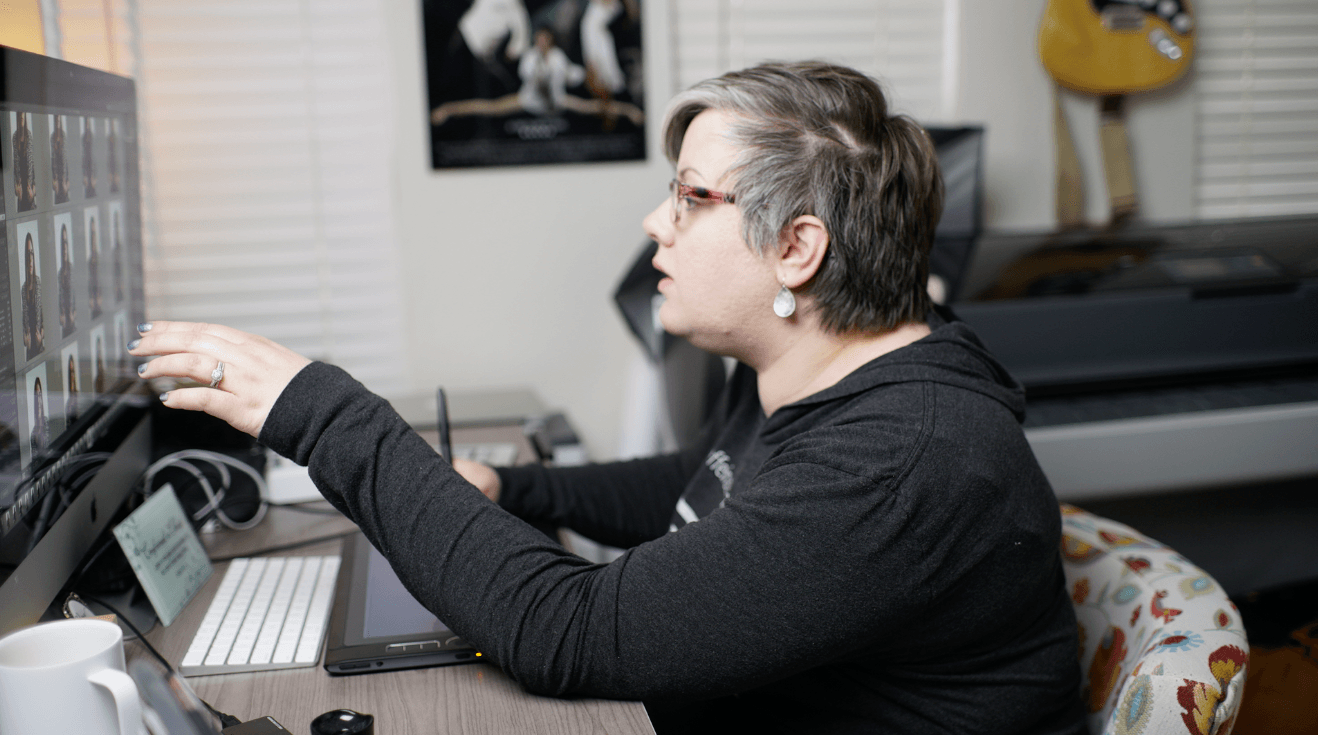 woman working on mac computer with wacam tablet, photography studio, emond oklahoma, (christina riley)