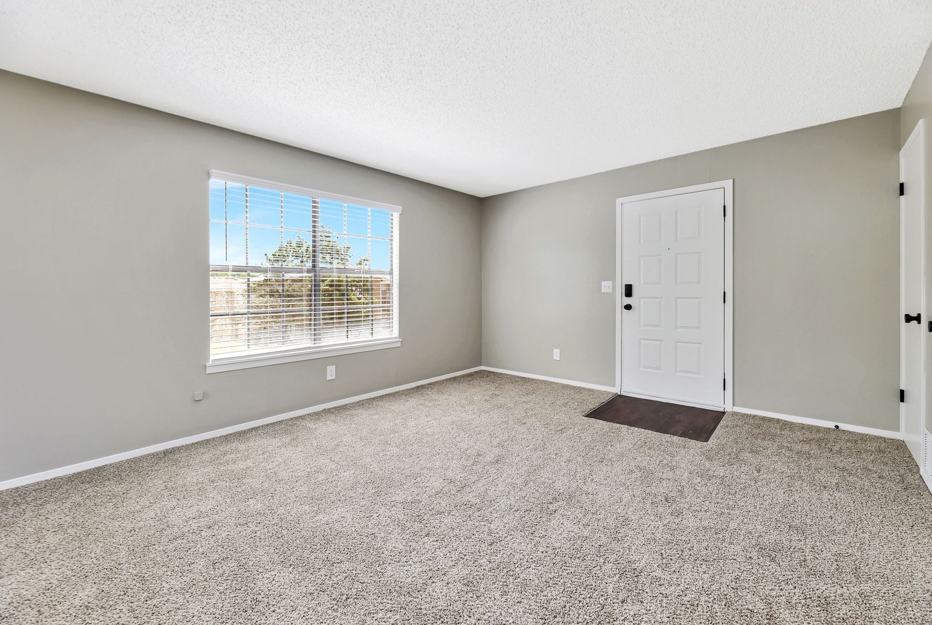 An empty living room with a window and a door.