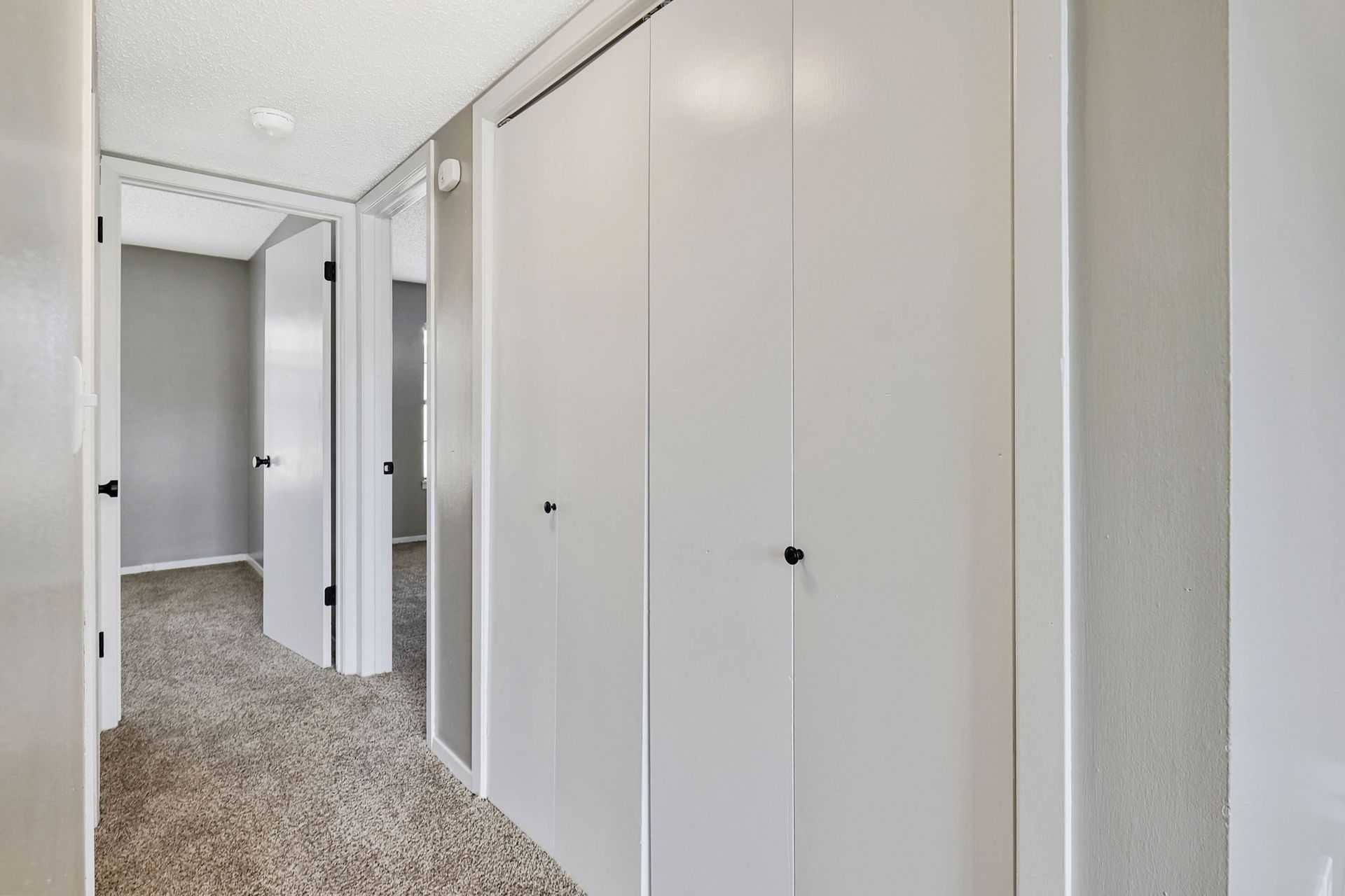 A hallway with a lot of white cabinets and a carpeted floor.