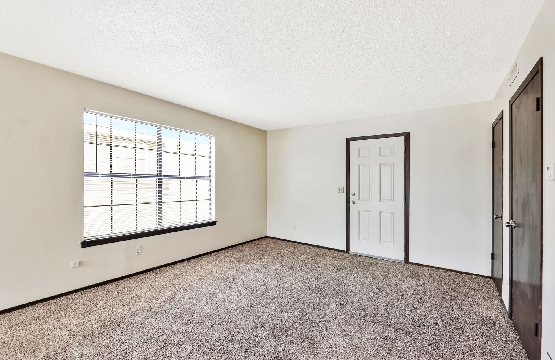 An empty living room with a window and a door