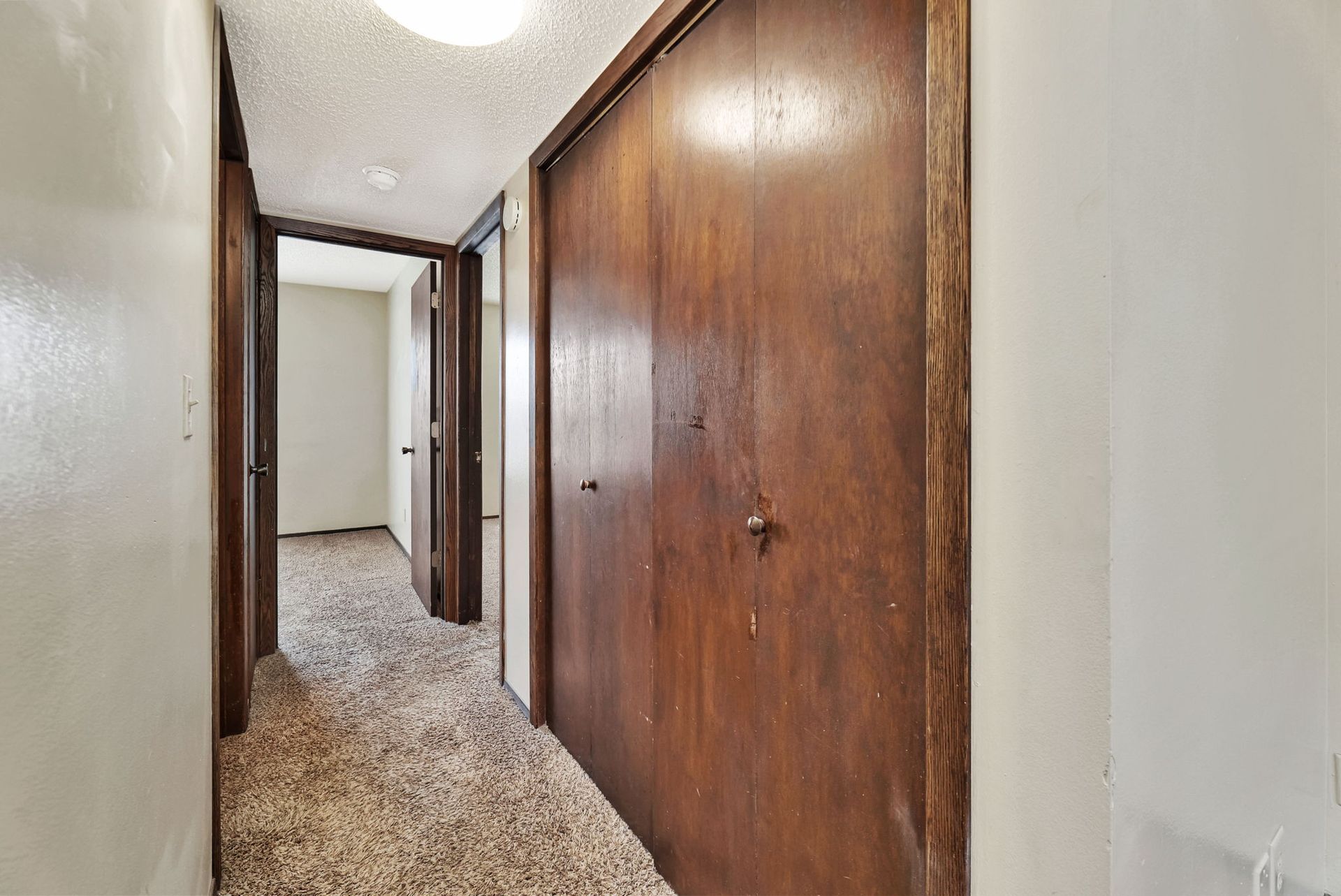 A hallway with wooden doors and a carpeted floor in a house.