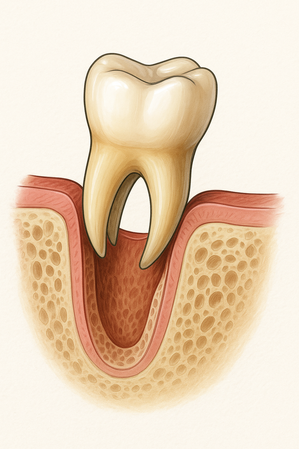Sezione trasversale dell'alveolo dentale con un dente, che mostra gengiva e osso.