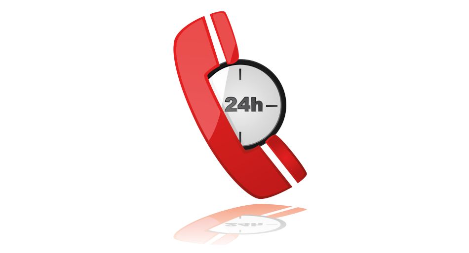 Cornetta telefonica rossa con quadrante a forma di orologio, che indica il servizio 24 ore su 24.