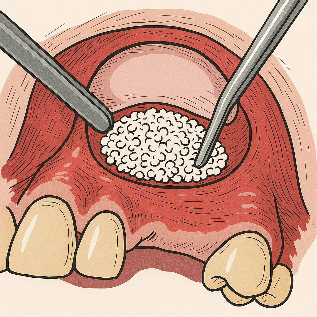 Illustrazione dentale: innesto osseo inserito nella mascella superiore con strumenti chirurgici.