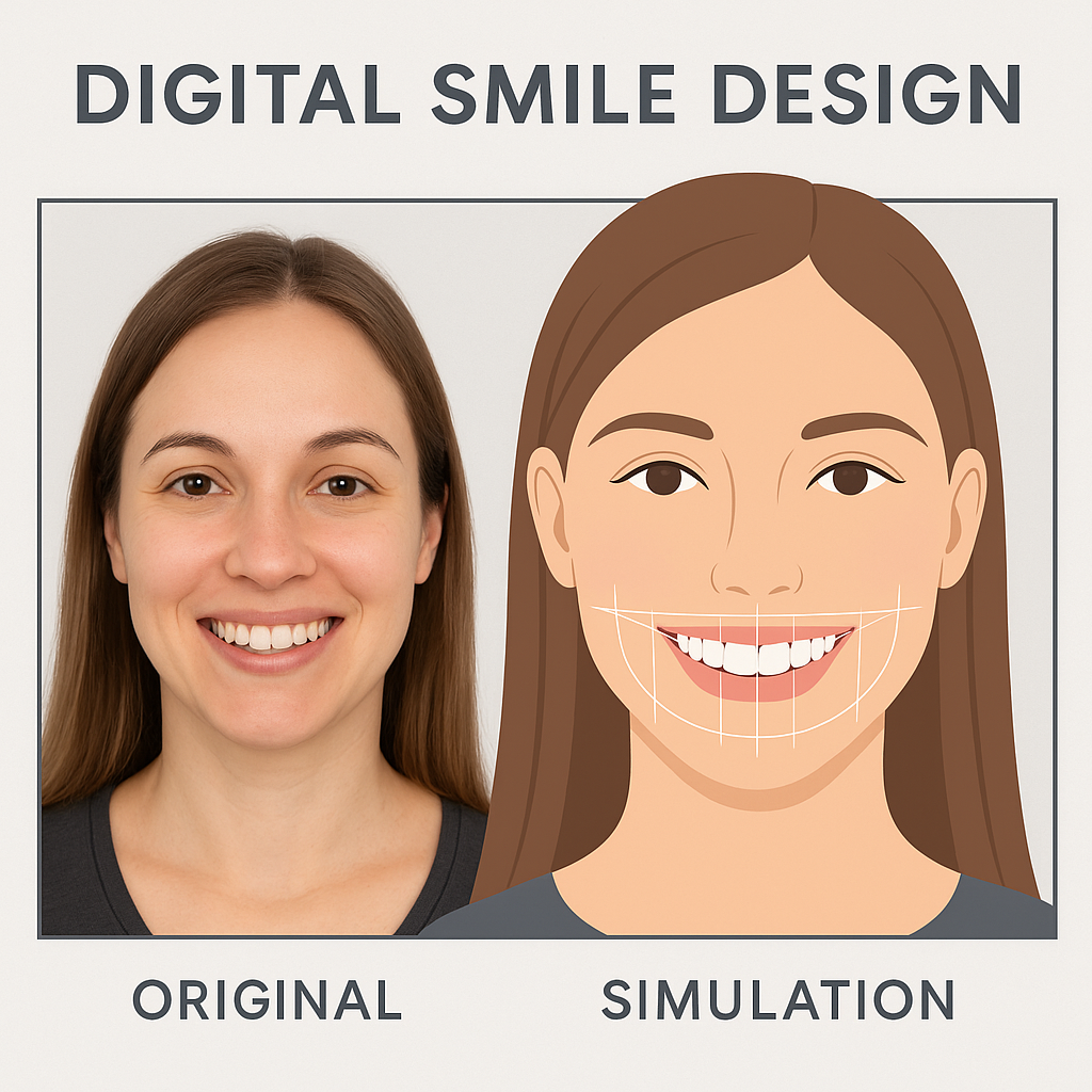 Confronto tra il sorriso originale di una donna e una simulazione digitale del suo sorriso, con sovrapposizione di una griglia.