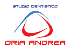 Logo per "Studio Dentistico Oria Andrea" raffigurante un'arcata dentale stilizzata blu e rossa sopra il nome.