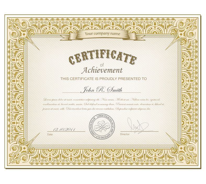 Certificato di merito con bordo dorato decorato e testo.