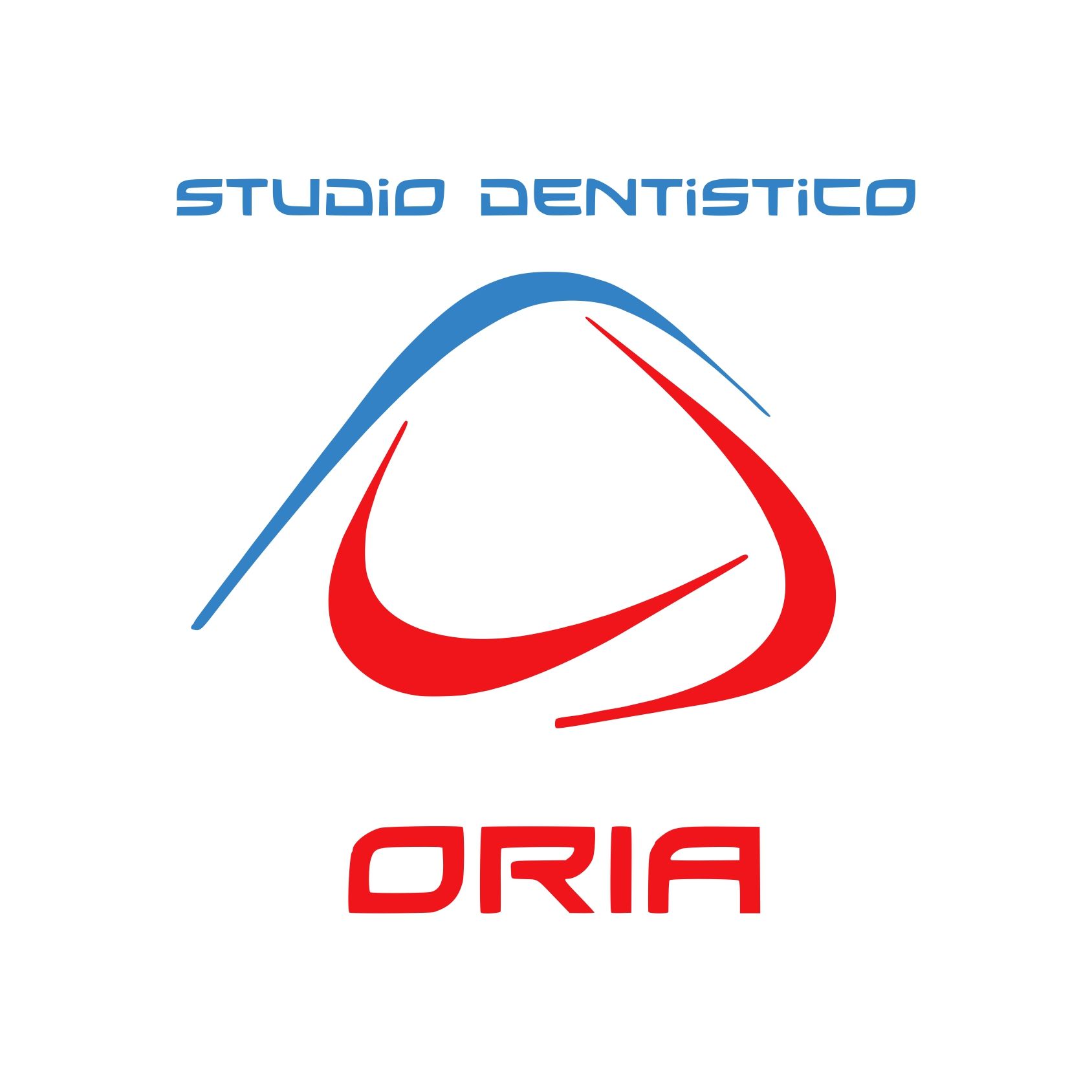 Logo per "Studio Dentistico Oria Andrea". Design curvo blu e rosso sopra il testo.