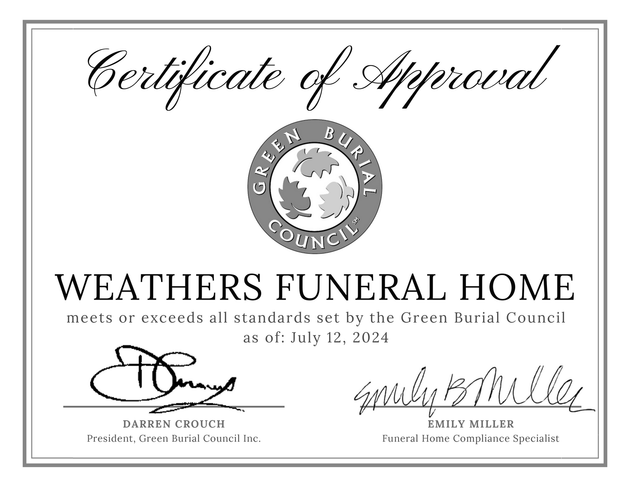 A certificate of approval for weathers funeral home