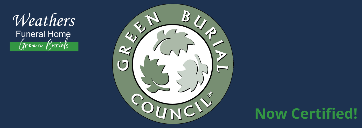 A green burial council logo on a blue background