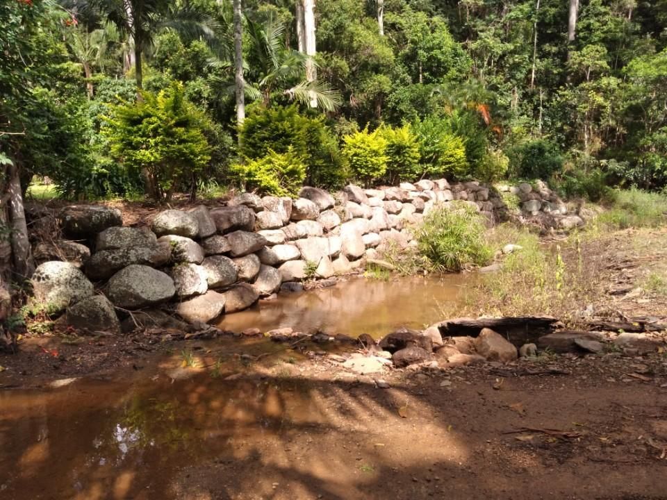A Rock Wall Surrounds a Muddy Stream in the Middle of a Forest — Gears Excavation In Cedar Pocket, QLD