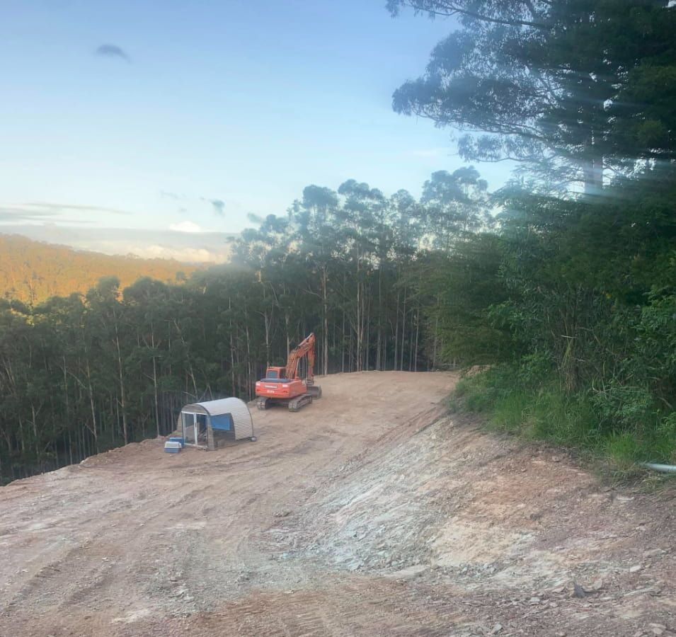 An Excavator is Parked on the Side of a Dirt Road in the Middle of a Forest — Gears Excavation In Cedar Pocket, QLD