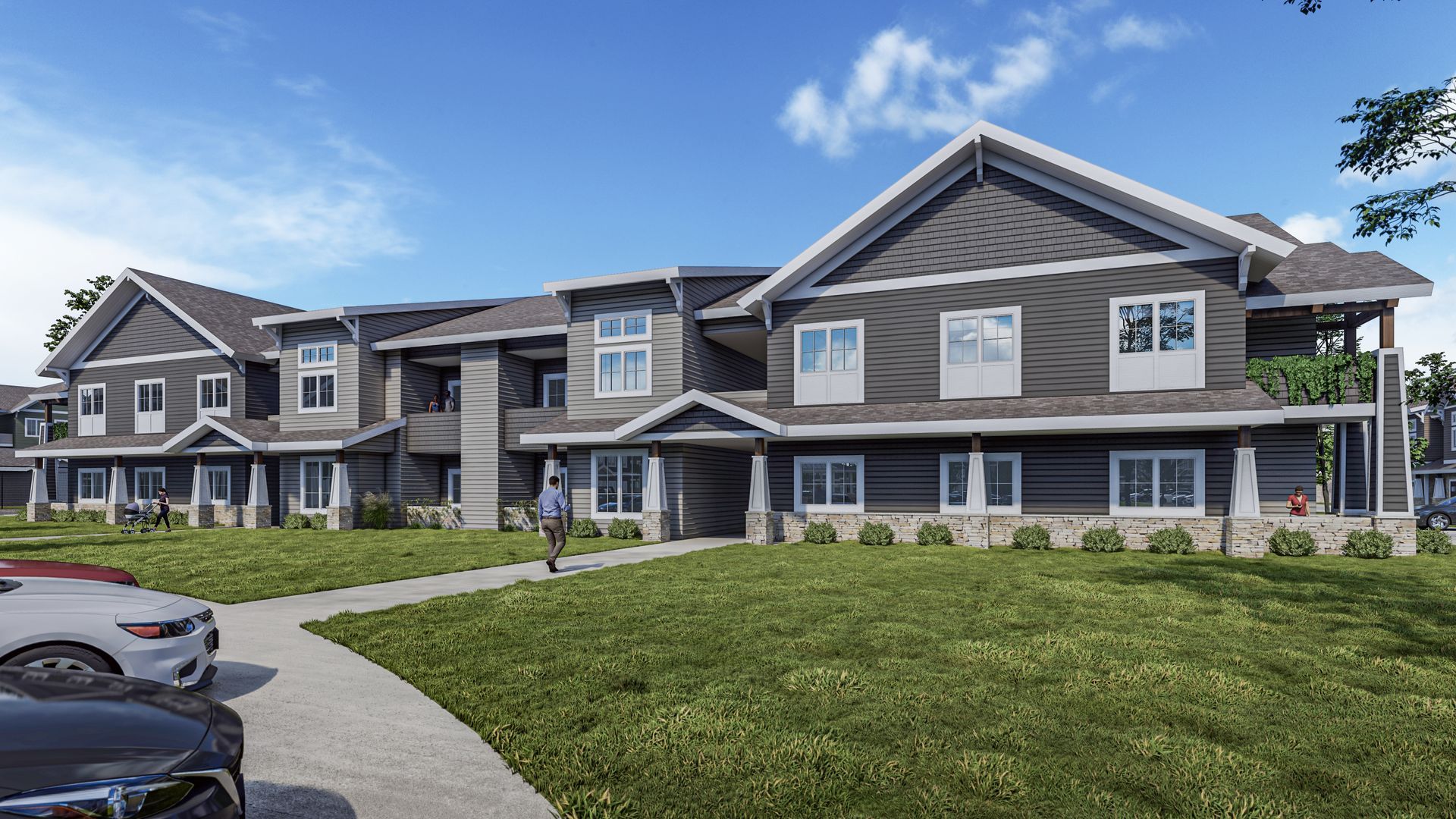 An artist 's impression of a large apartment building with cars parked in front of it.