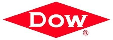 A red and white logo for a company called dow.
