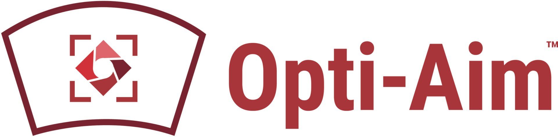 A red and white logo for a company called opti-aim