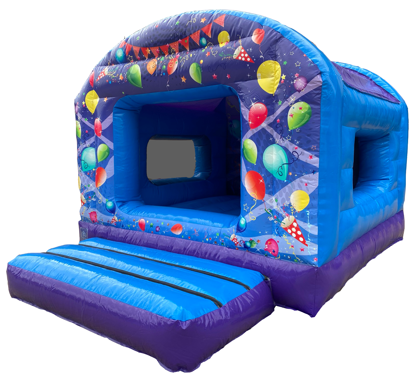 10ft Bouncy castle in green pink and purple with dance party themed artwork.