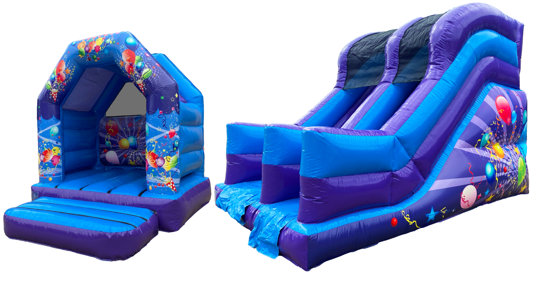 Blue and red bouncy castle and inflatable slide package for hire in shefford