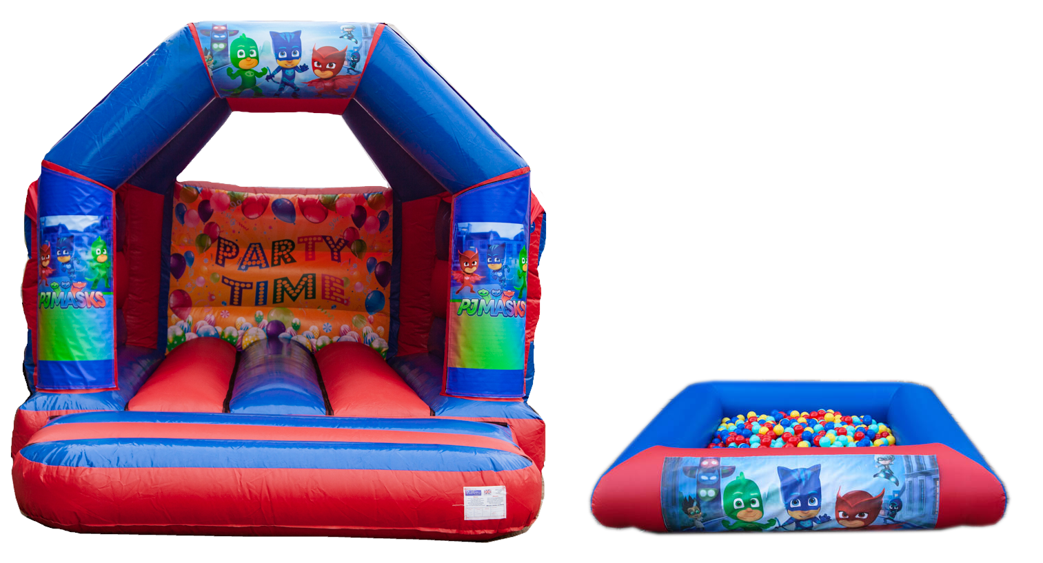 Red & Blue Bouncy castle and ballpool package for hire in Arlesey
