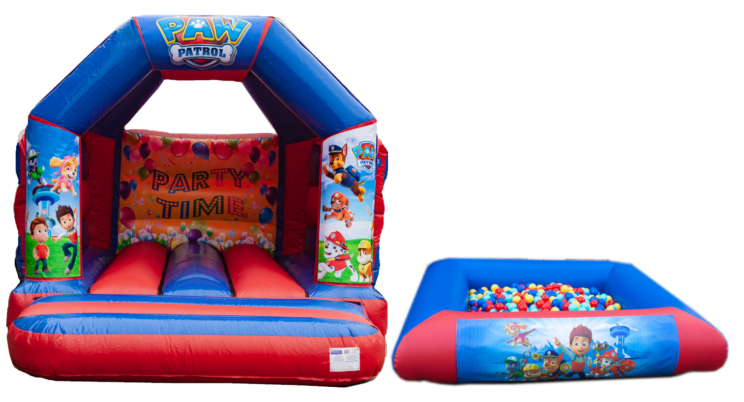 Red & Blue Bouncy castle and ball pool package for hire in Fairfield Park