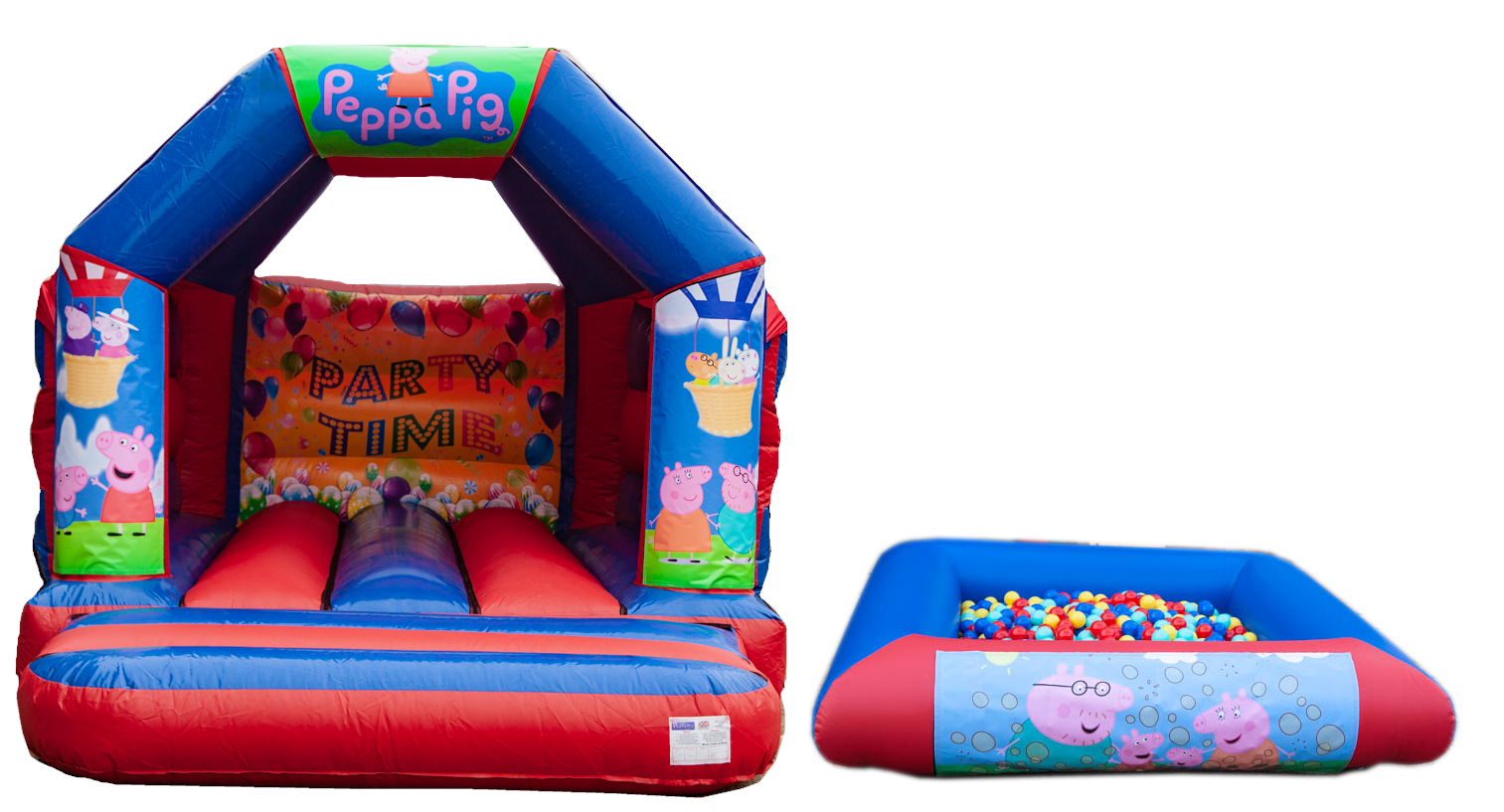 Red & Blue Bouncy castle and ball pool package for hire in Stotfold