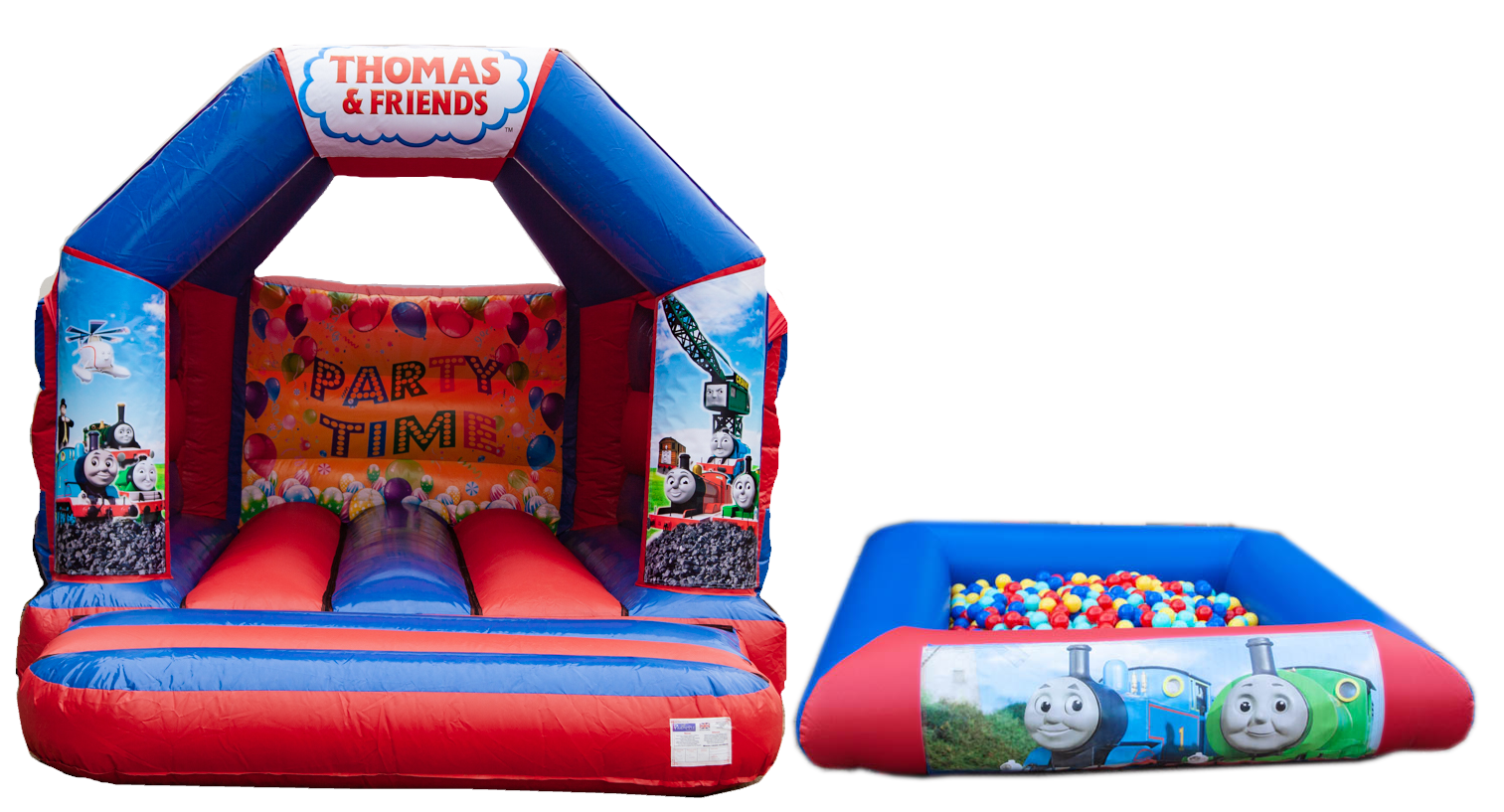 Red & Blue Bouncy castle and ballpool package for hire in Royston