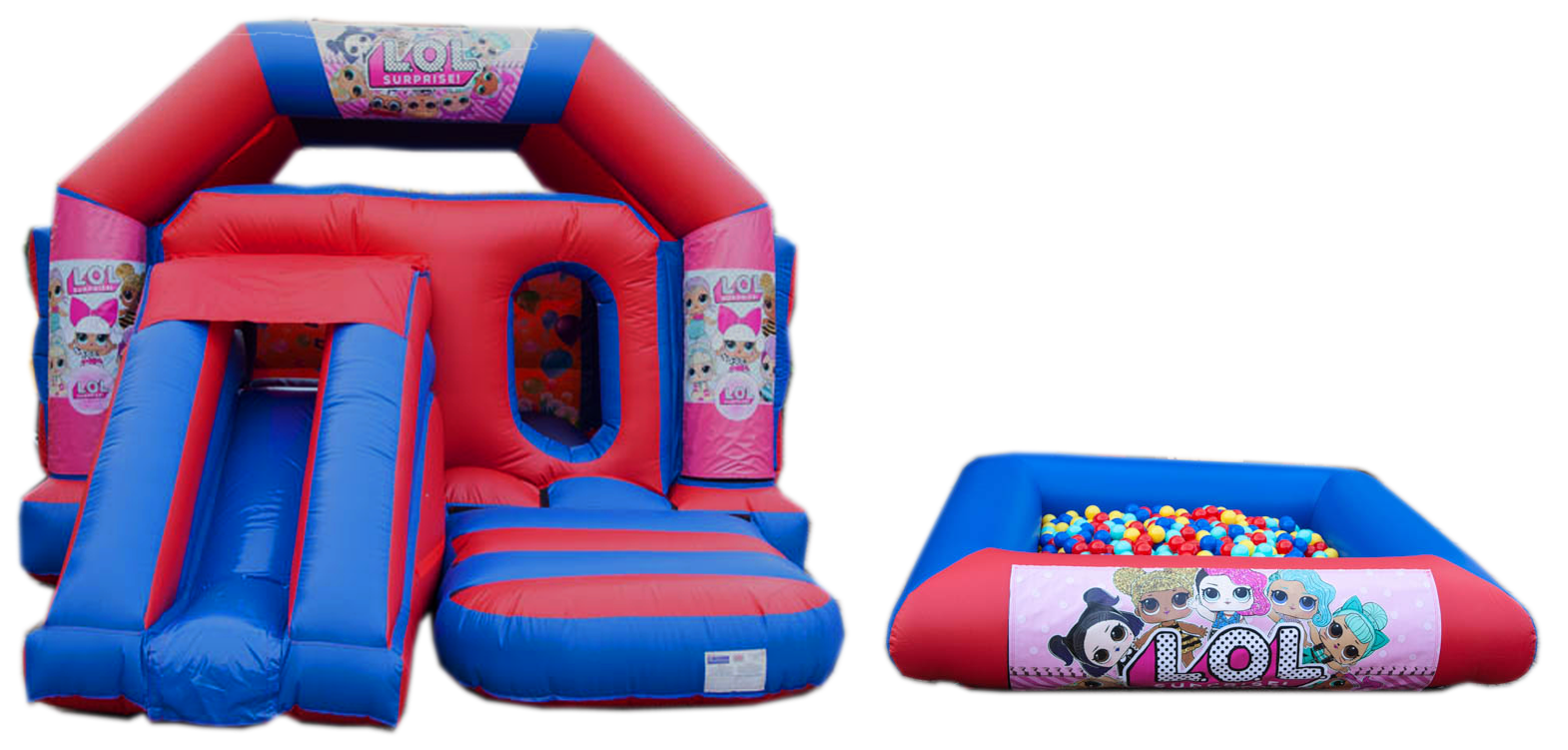 Red and Blue Ballpool and bouncy castle package  for hire in Henlow