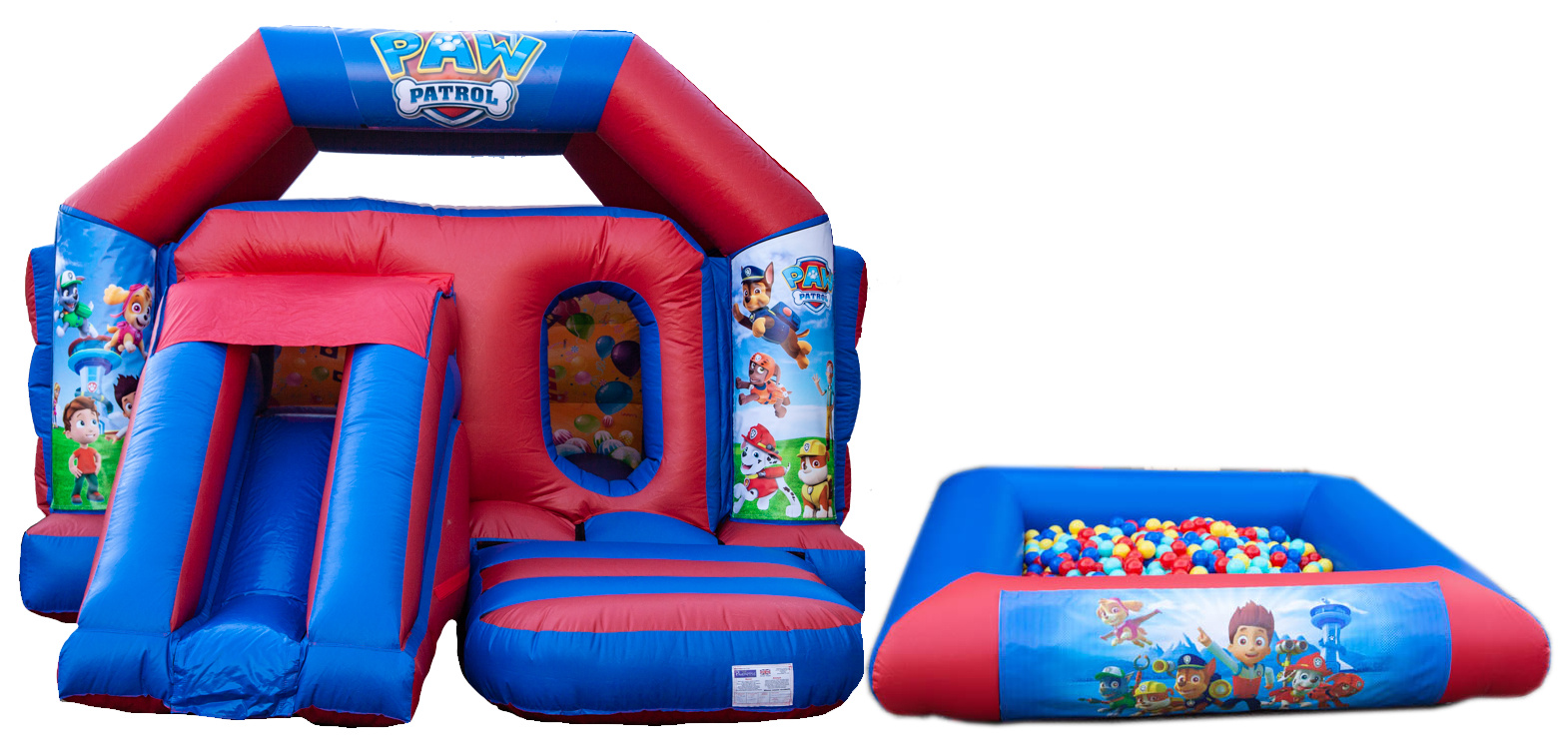 Red and Blue Ball pool and bouncy castle package  for hire in Meppershall