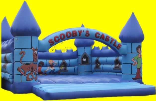 Action Heros themed bouncy castle in blue and orange