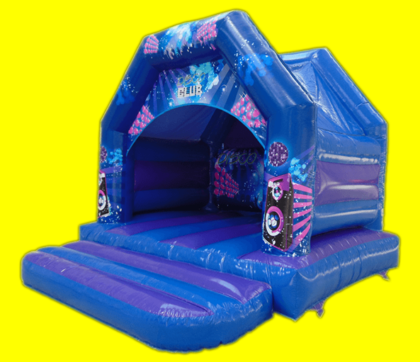 Blue and purple Bouncy castle with disco theming and the choice of having a real disco with music and lights inside