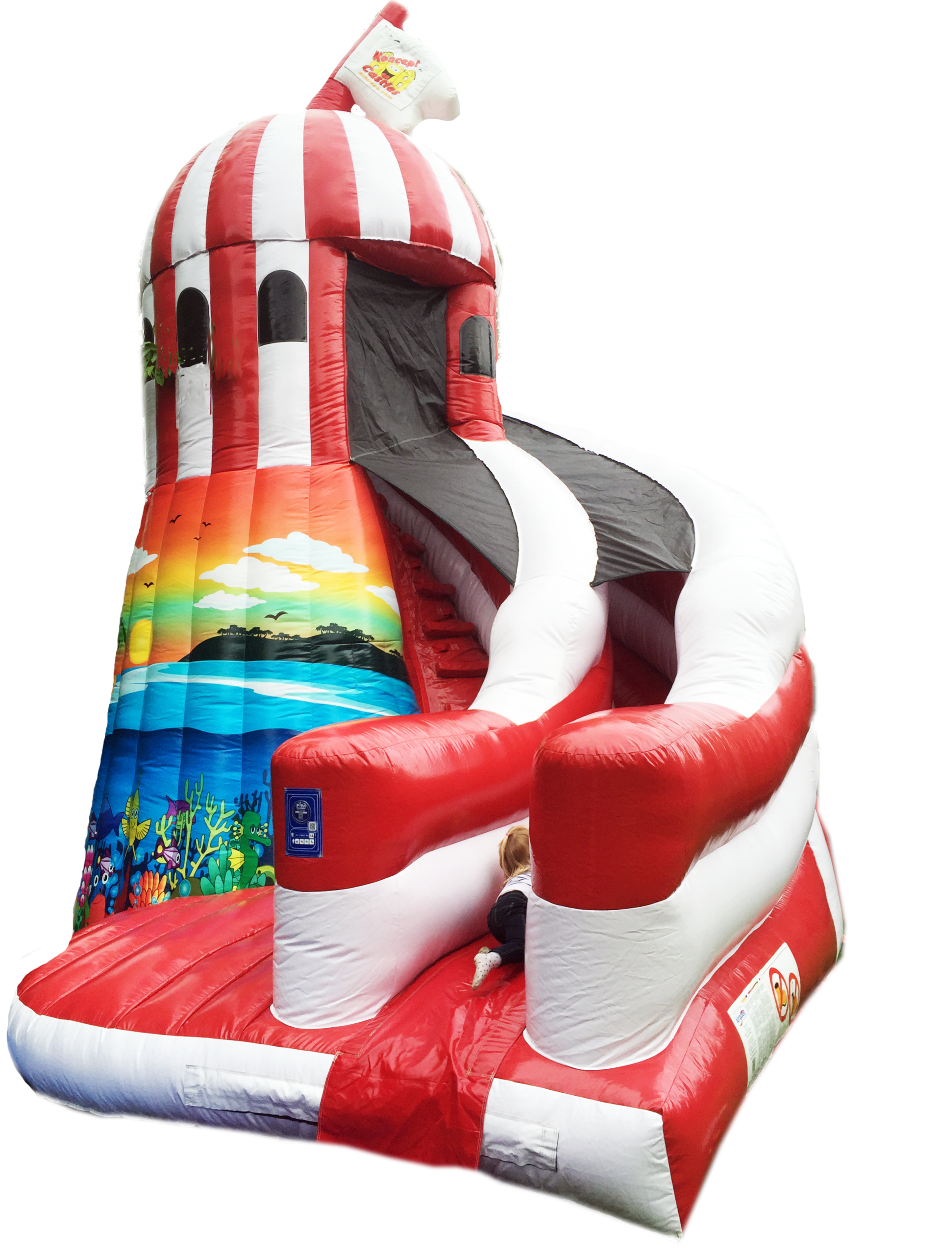 This red and white helter skelter slide ins popular for hire in Hitchin