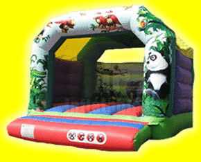 12ft wide bouncy castle in green, red and blue with some great jungle animal themed artwork. Featuring a Panda, Crocodile