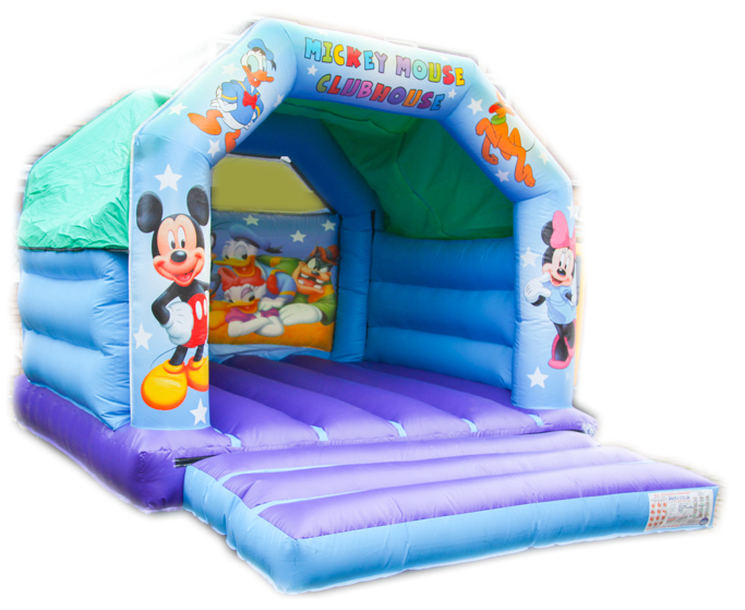 A blue & purple bouncy castle with Mickey Mouse club house themed artwork