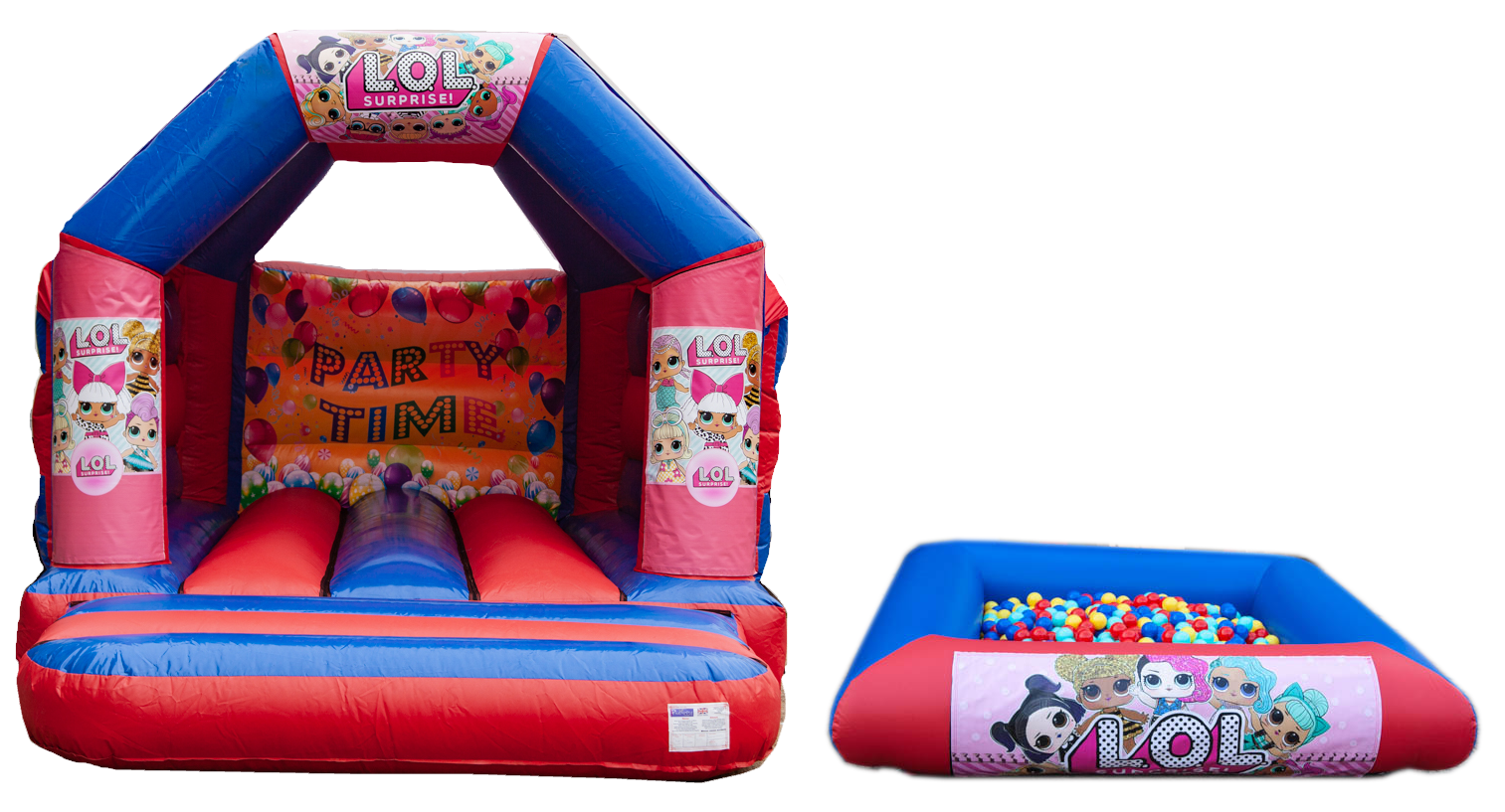 Red & Blue Bouncy castle and ball pool package for hire in Pirton