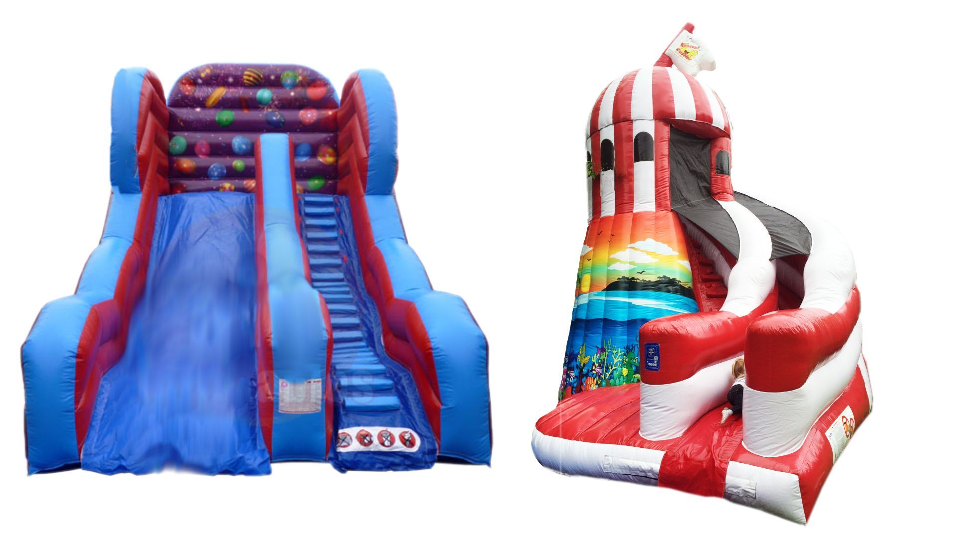 12ft Celebration slide red and blue with colour balloons, helter skelter slide red and while with a beach theme and dont forget to look out for the flag on the top, rush slide red and black with a extreme drop of a slide and our party slide blue and purple.