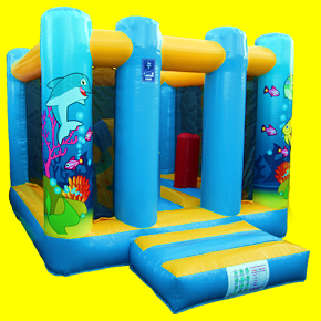 Blue and yellow bouncy castle with an uderwater theme. This also has biff & bash and shapes and tunnels inside