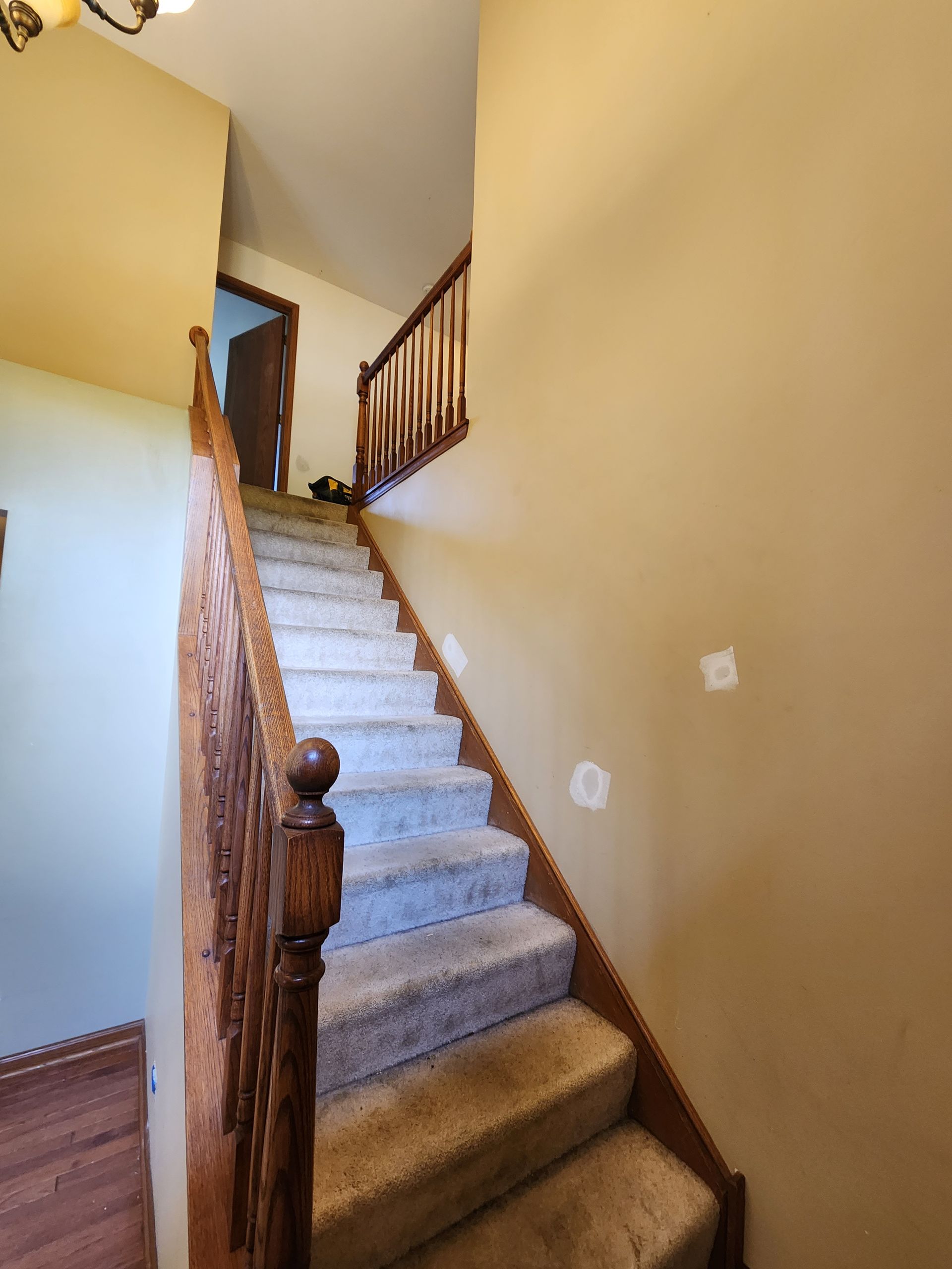 A staircase with carpeted steps and a wooden railing