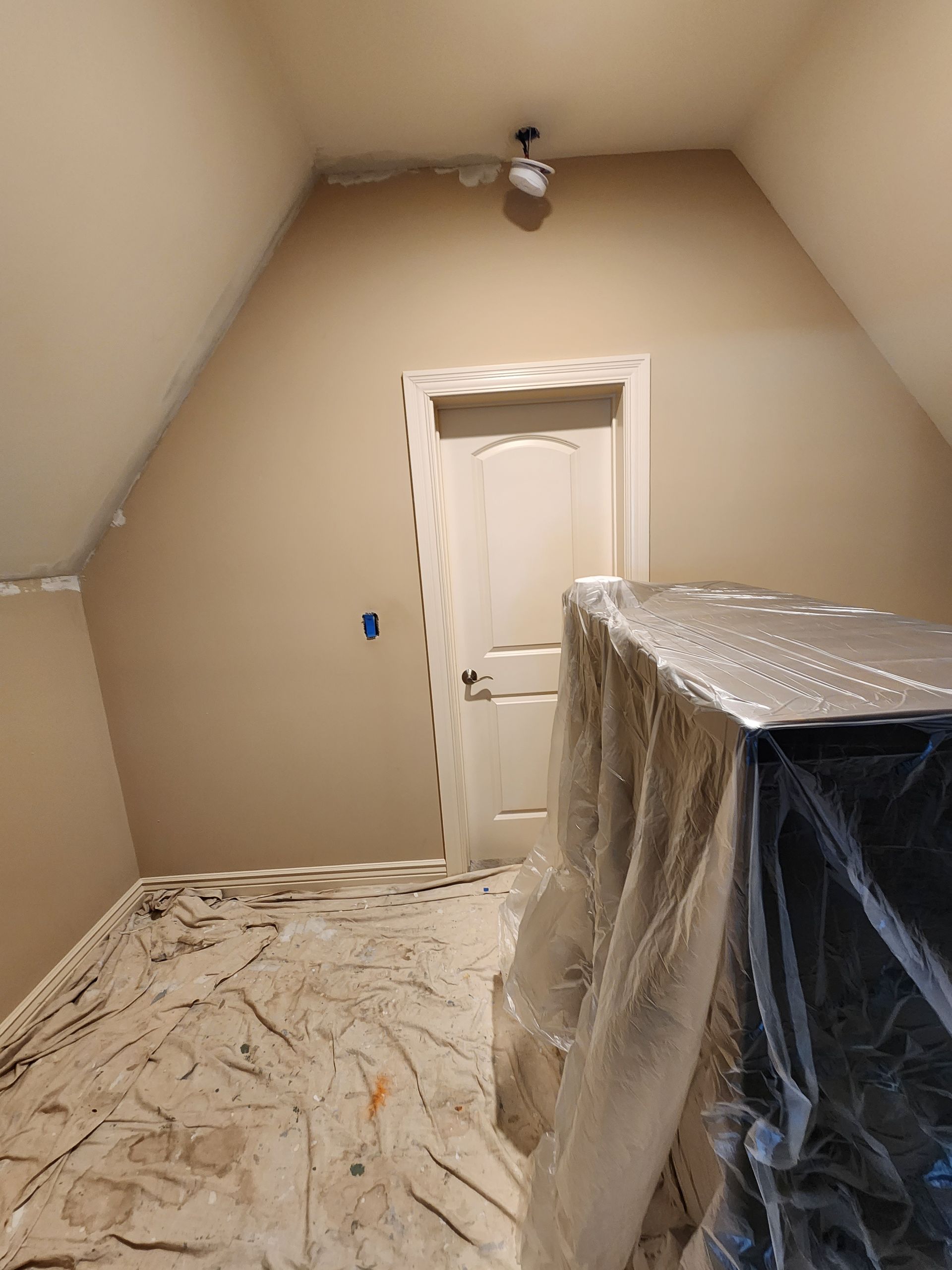 A room with a door and a ceiling fan is being painted.