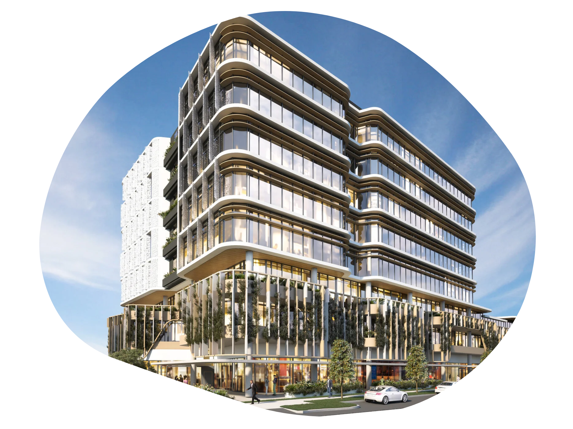 Modern multi-story building with glass and curved architectural features; sunny day.