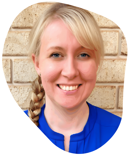 Woman with blonde hair braided to the side, smiling in front of a brick wall, wearing a blue shirt.