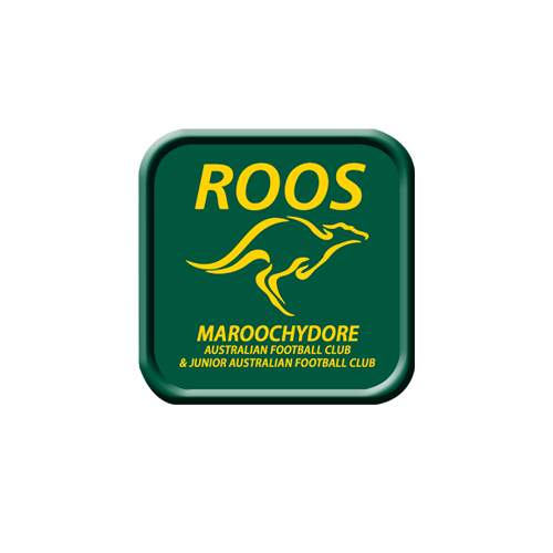 Green and yellow Maroochydore Roos Australian Football Club logo with a kangaroo silhouette.
