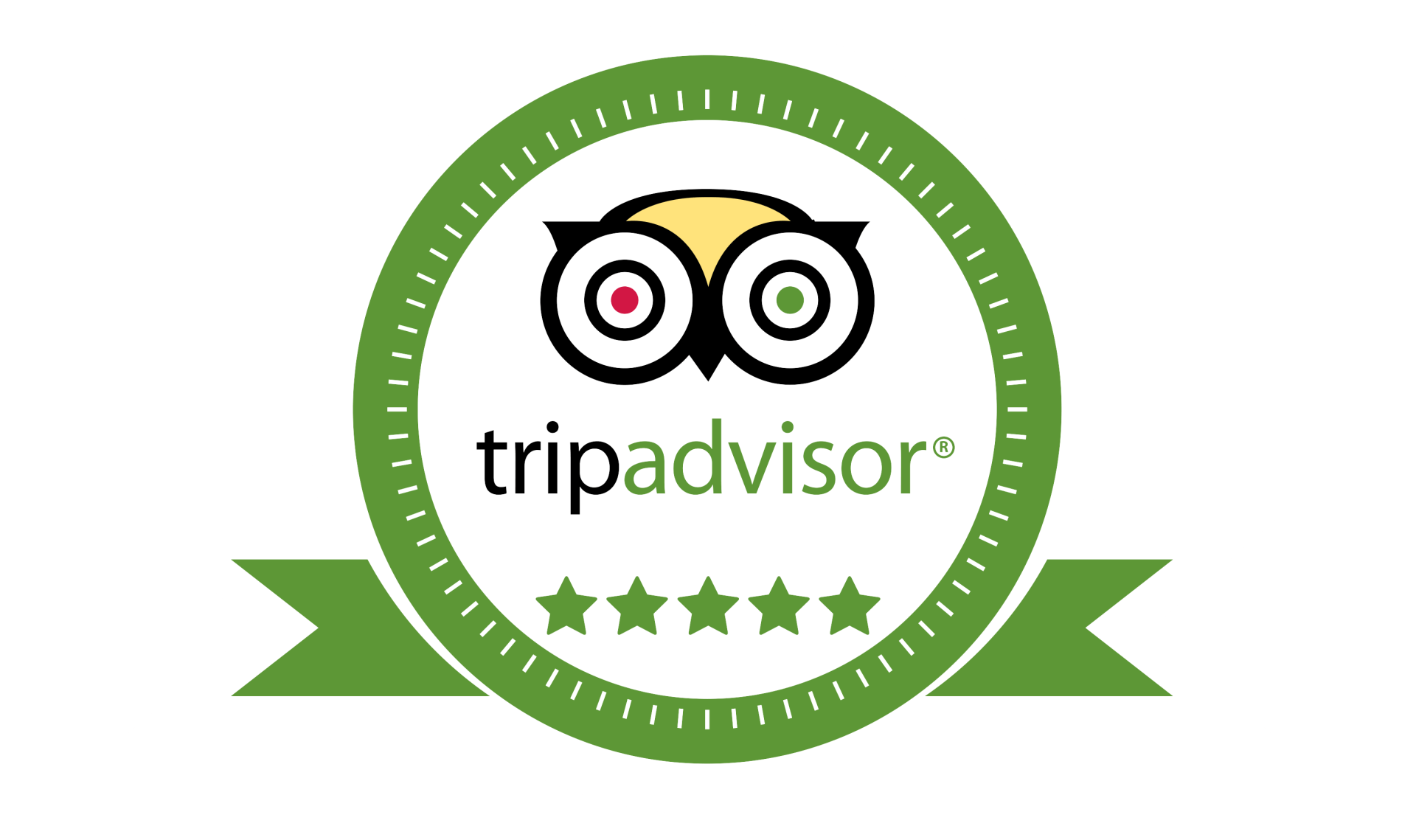 TripAdvisor 5-star rating badge with a green and white owl logo and green banner.