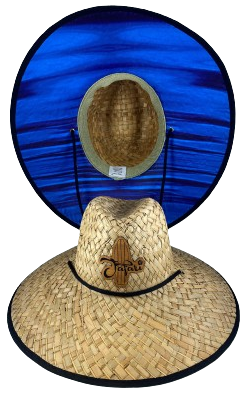 Two straw hats, one with a large blue brim, displayed on a stand. The hat in front is beige with 