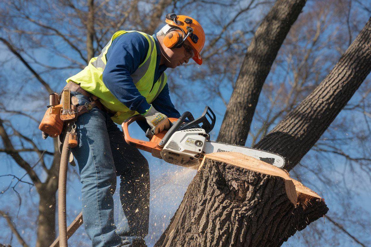 A man is cutting a tree with a chainsaw.