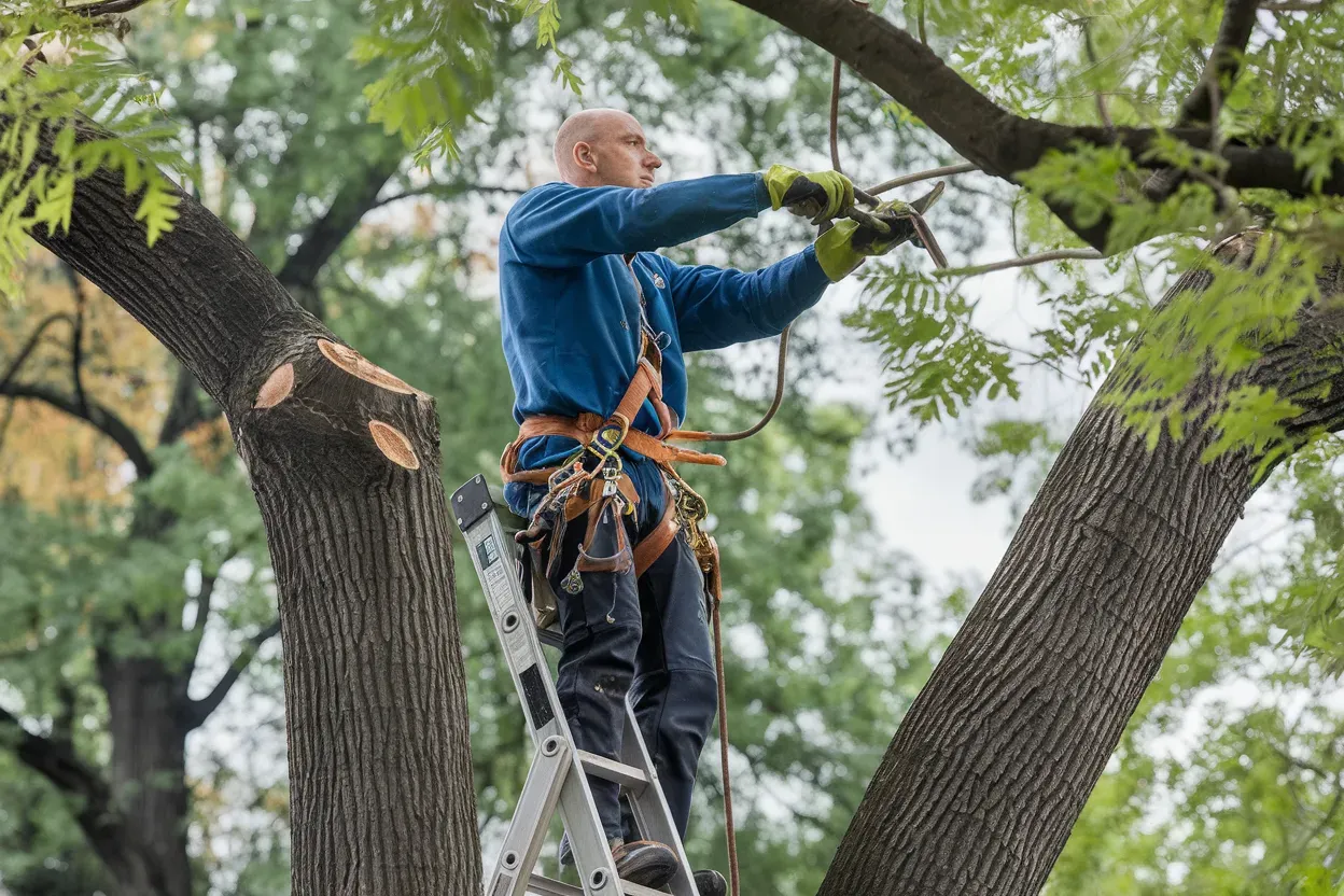 A man is standing on a ladder cutting a tree branch.