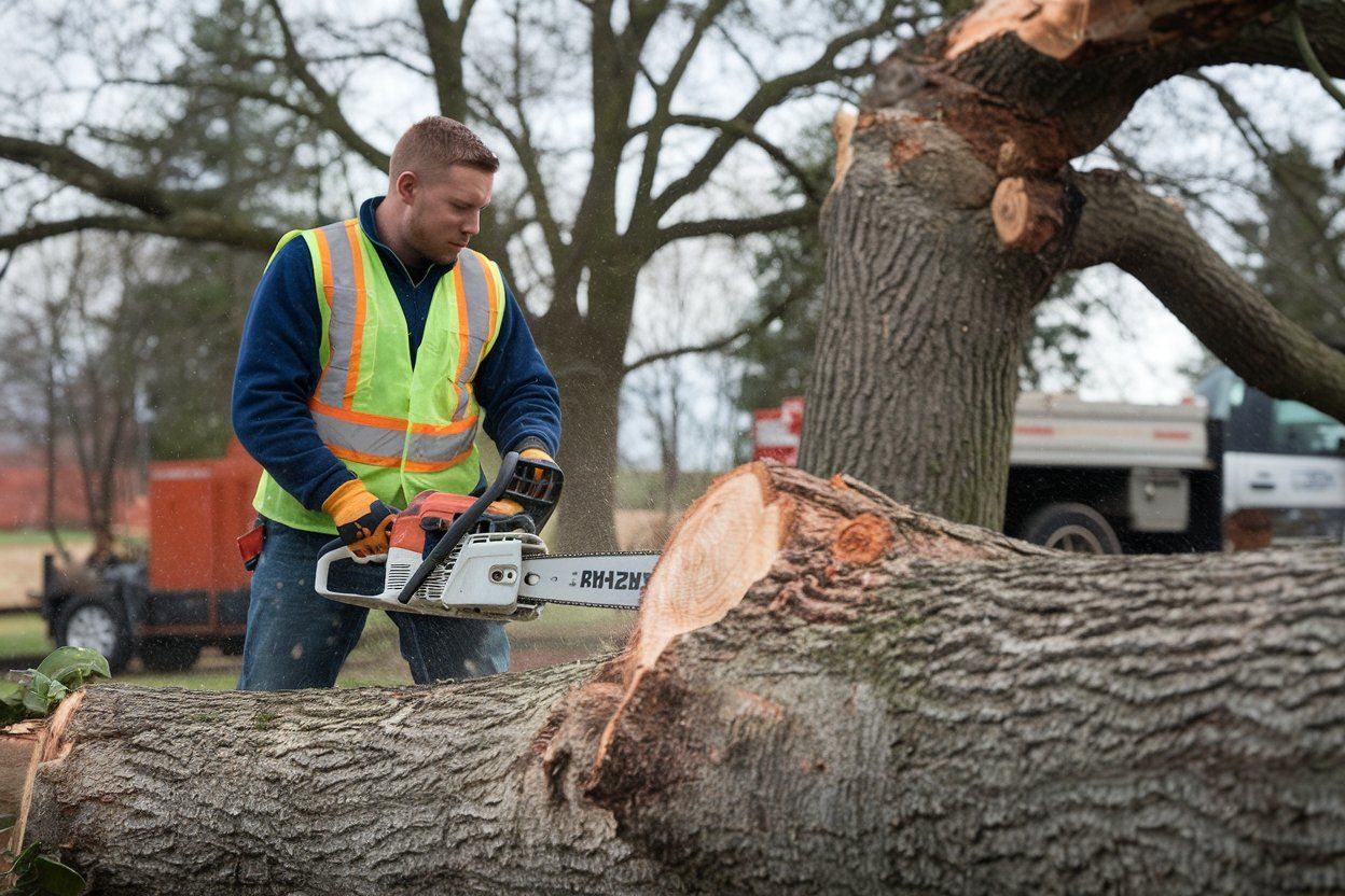 A man is cutting a tree with a chainsaw.
