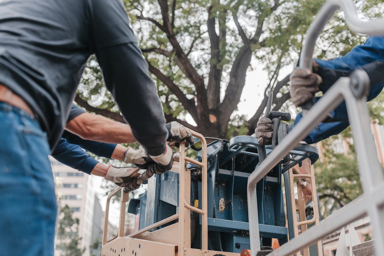 A group of men are working on a machine in front of a tree.