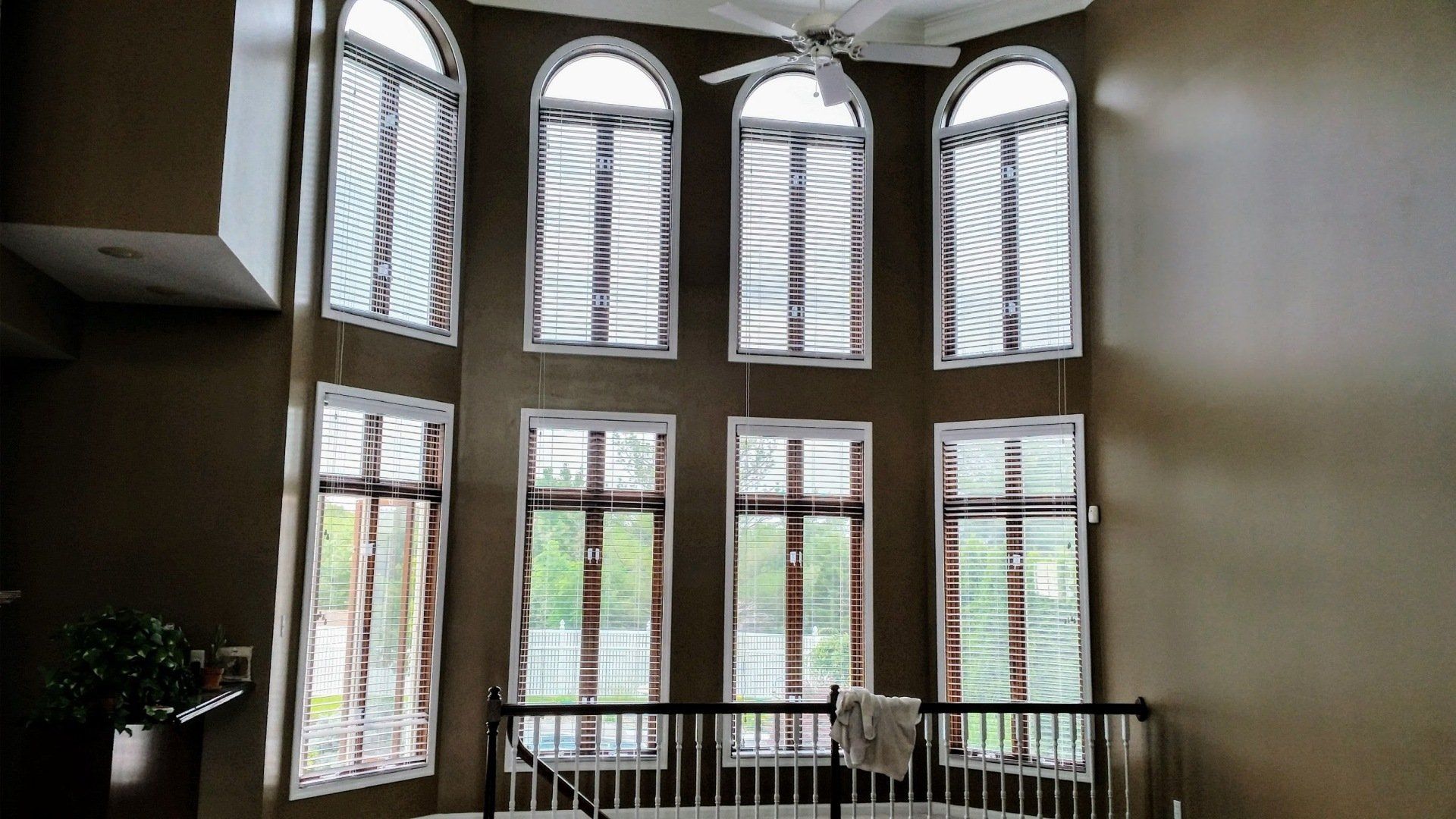 A room with a lot of windows and a ceiling fan