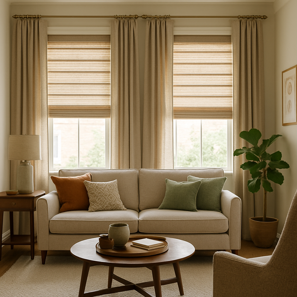 Living room with beige sofa, windows with shades and curtains, round coffee table, and side table.