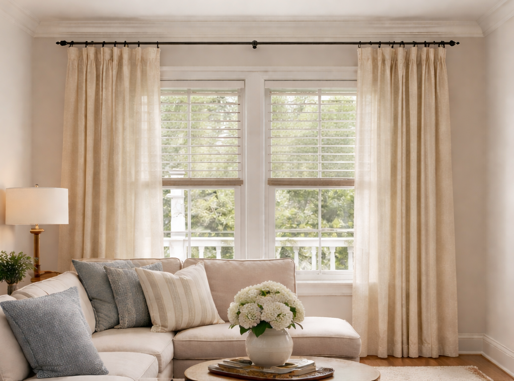 Image of a Kentucky home with the blinks the home came with, older and needing a professional installation by Love is Blinds
