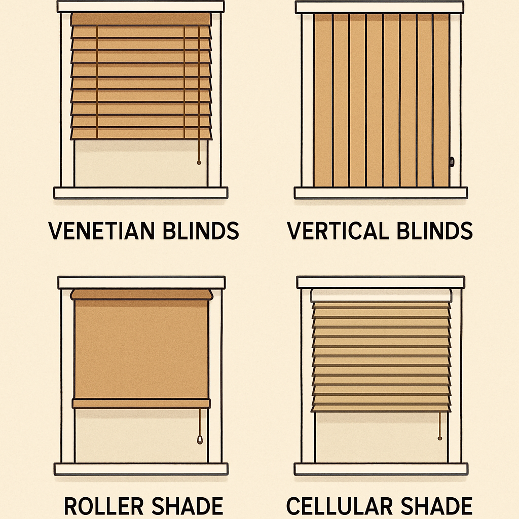 A chart showing four window treatments: Venetian blinds, vertical blinds, a roller shade, and a cellular shade.